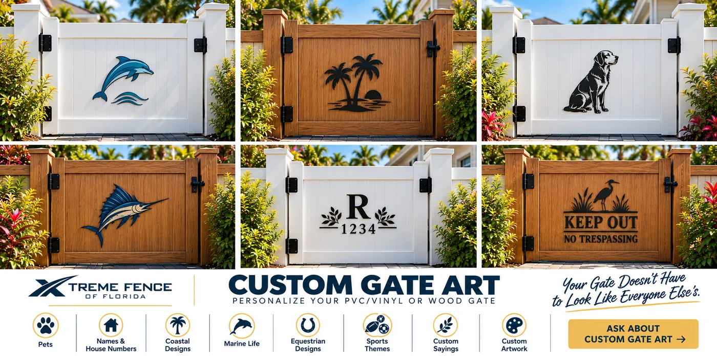 Custom Gate Art Design Inspiration Concept Examples Of Custom Gate Art On White Pvc/Vinyl And Wood Gates: A Dolphin, Palm Trees, A Dog, A Sailfish, A Monogram With House Number, And A Keep Out Sign